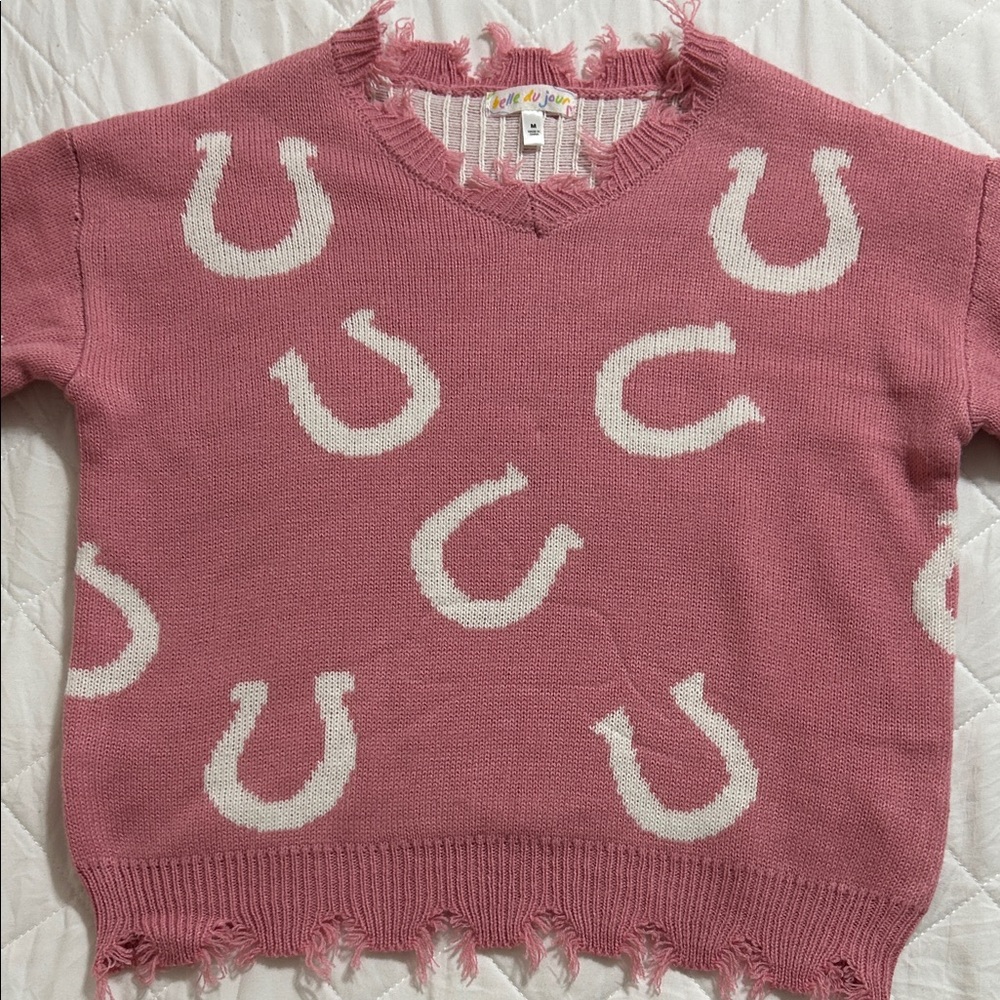 Pink Sweater with White Horseshoe Pattern